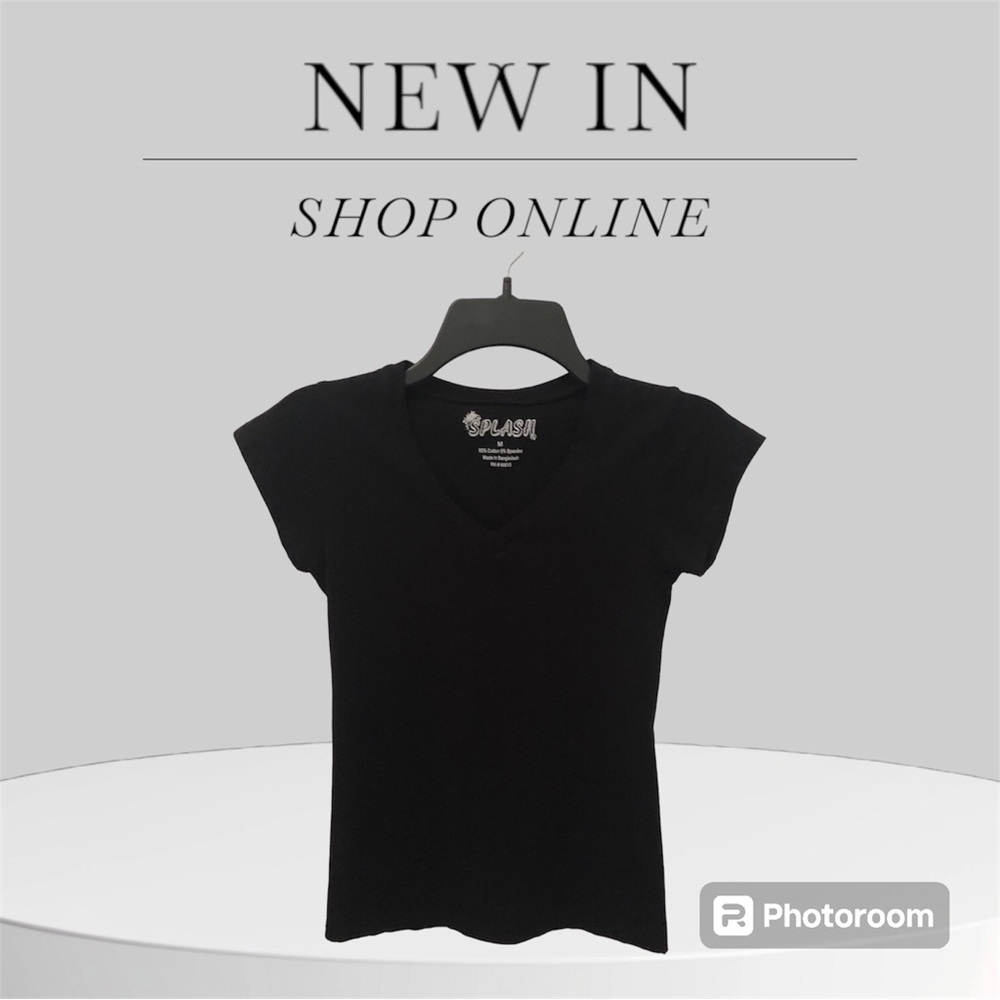 Splash Brand Short Sleeve T-Shirt Fitted Stretch, V-Neck Size Med, Black